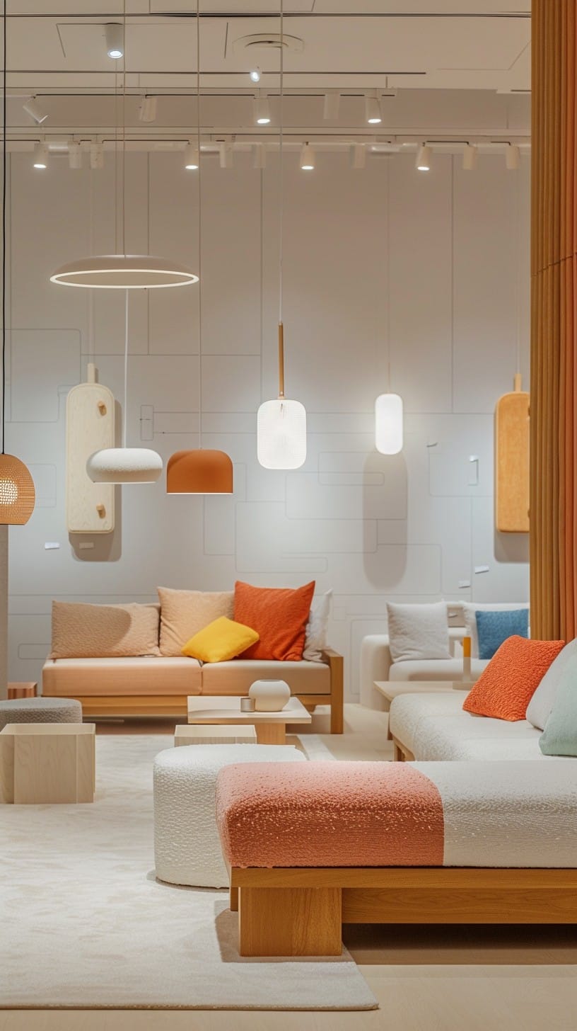 A furniture showroom floor set out with sofas, ottomans and hanging pendant lights