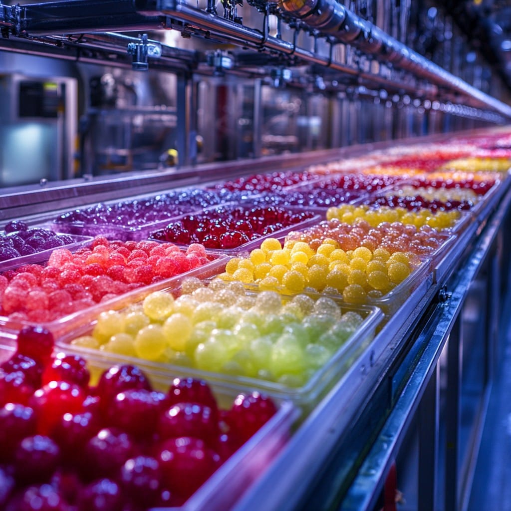 Trays of brightly coloured sugared sweets moving along a stainless steel factory conveyor
